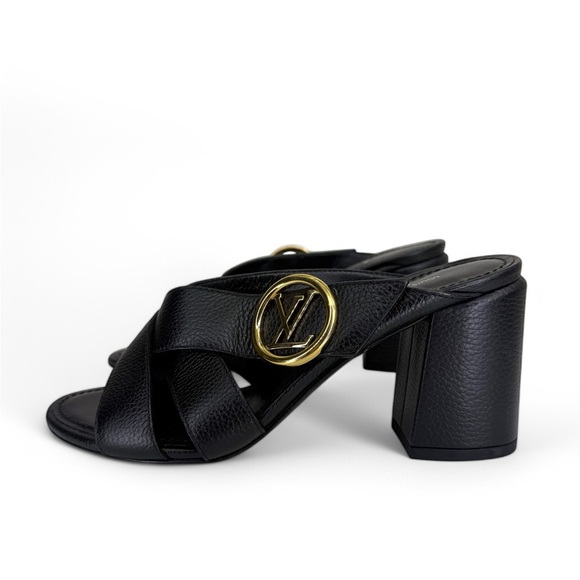 NEW LOUIS VUITTON LV Logo Black Leather Block Heel Sandals Mules IT36 - Picture 8 of 13